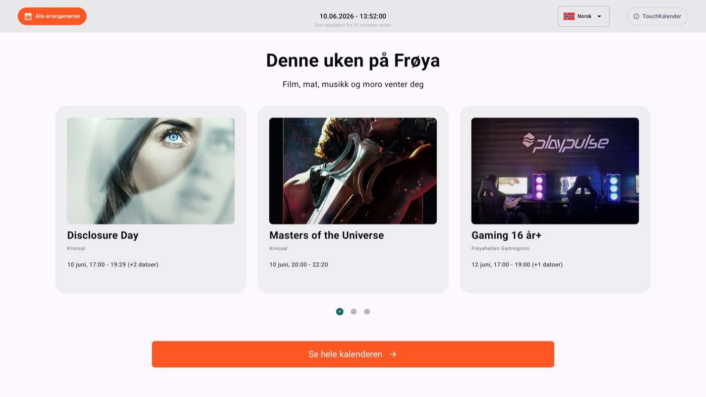 TouchKalender-skjerm på Frøya med ukens arrangementer – automatisk oppdatert