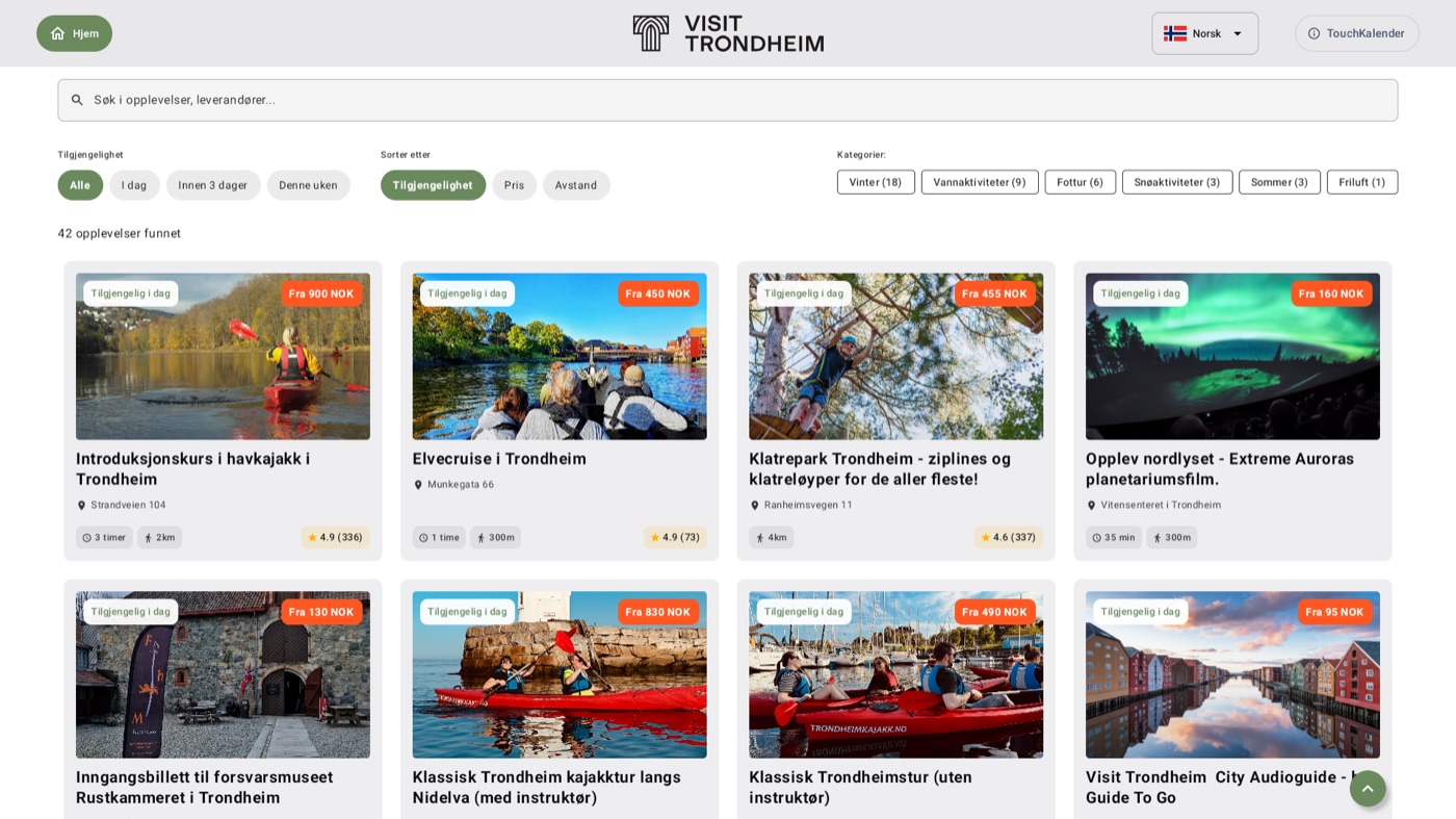 Oversikt med 42 bookbare opplevelser, filtre og priser