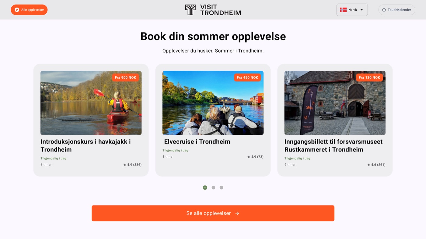 Opplevelsesskjerm hos Visit Trondheim med bookbare opplevelser